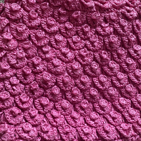 J Crew Pink Straw Hobo Bag Tote Double Bamboo Handles Large New - Picture 3 of 7